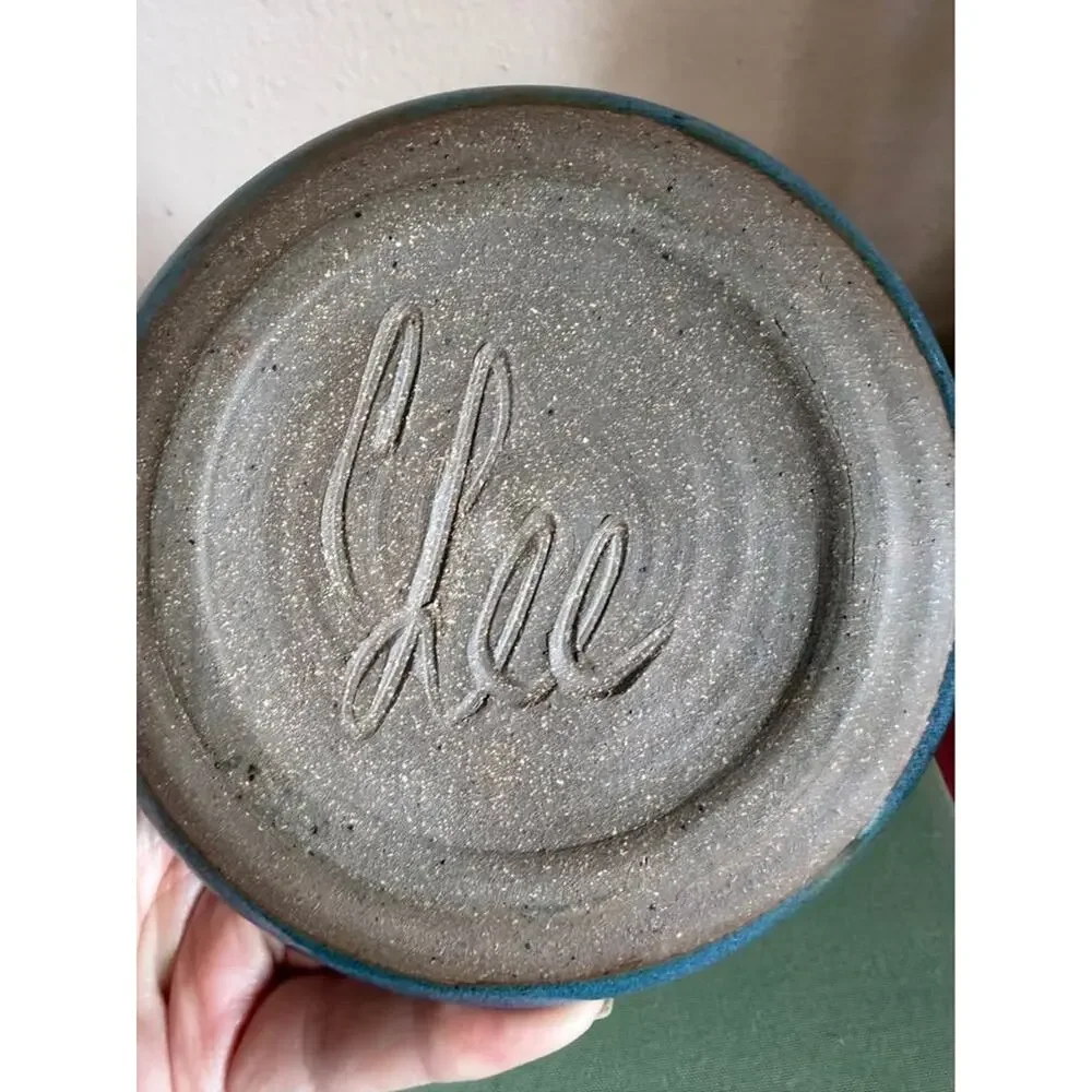 Signed Studio Pottery Floral Candle Holder – Handcrafted Blue & Brown Stoneware